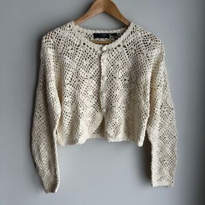 Vintage Handknit 80% Silk Crochet Cardigan Sz M Cream Open Knit Sweater Quality